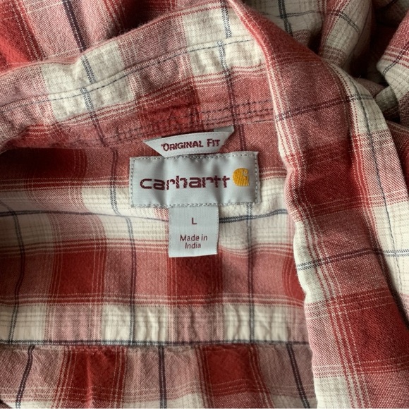 Carhartt Men Size Large Shirt Short Sleeve Top Red White Checkered Plaid Cotton - Picture 7 of 8
